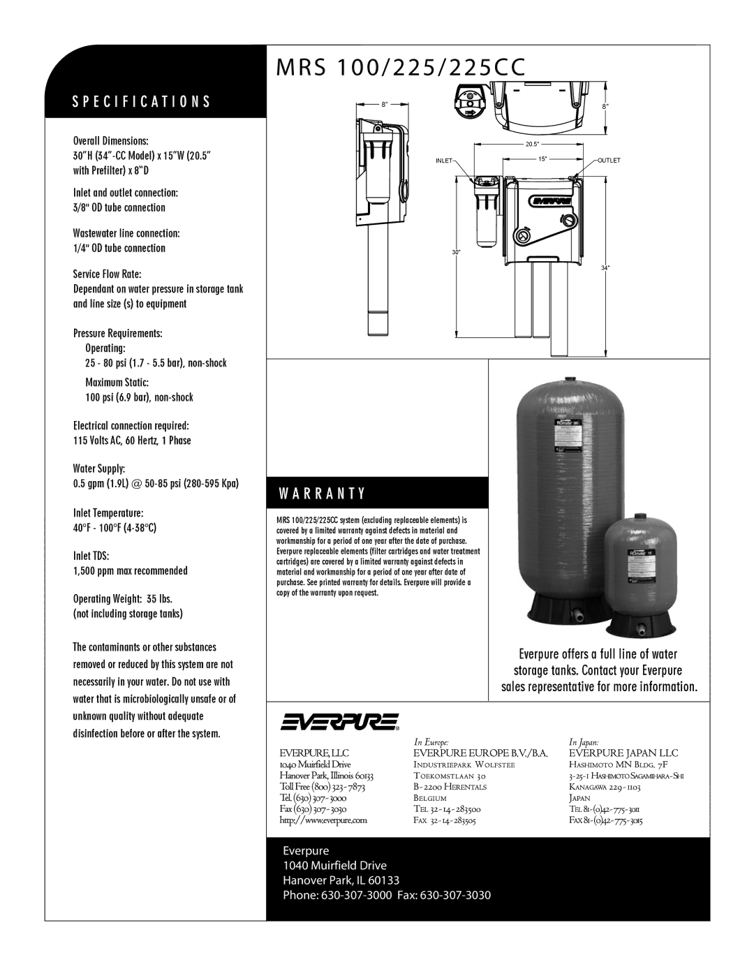 Everpure EV9607-41, EV9627-03, EV9627-11 Overall Dimensions, Service Flow Rate, Water Supply, Inlet TDS Ppm max recommended 