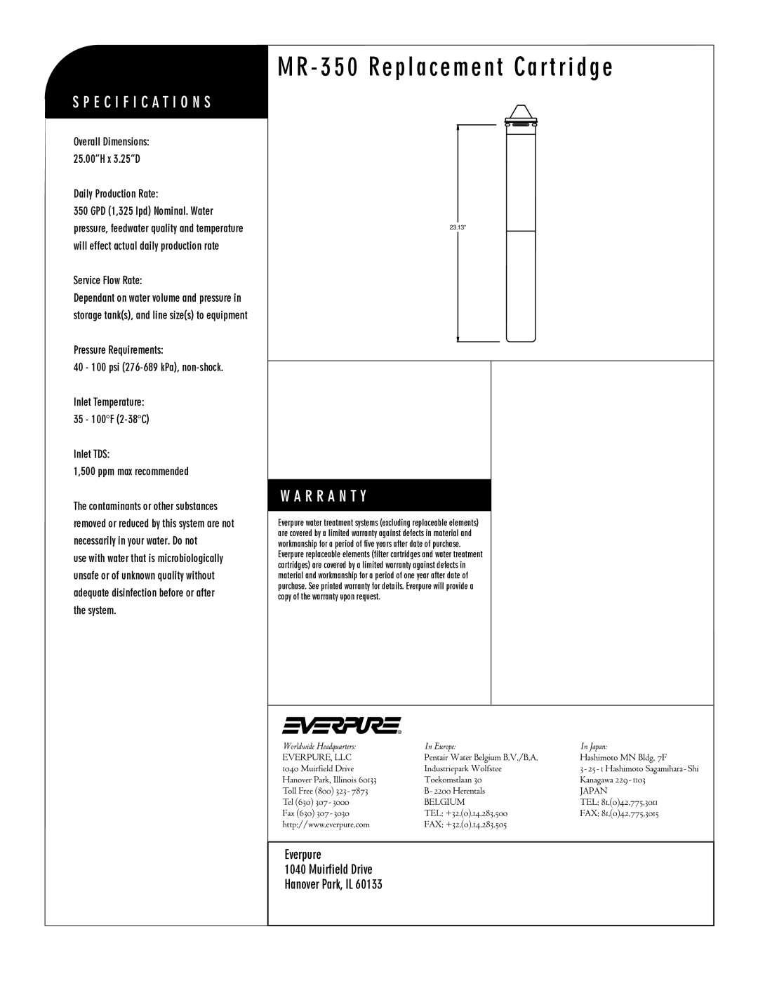 Everpure EV9627-07 manual Everpure Muirfield Drive Hanover Park, IL, Daily Production Rate, Service Flow Rate 