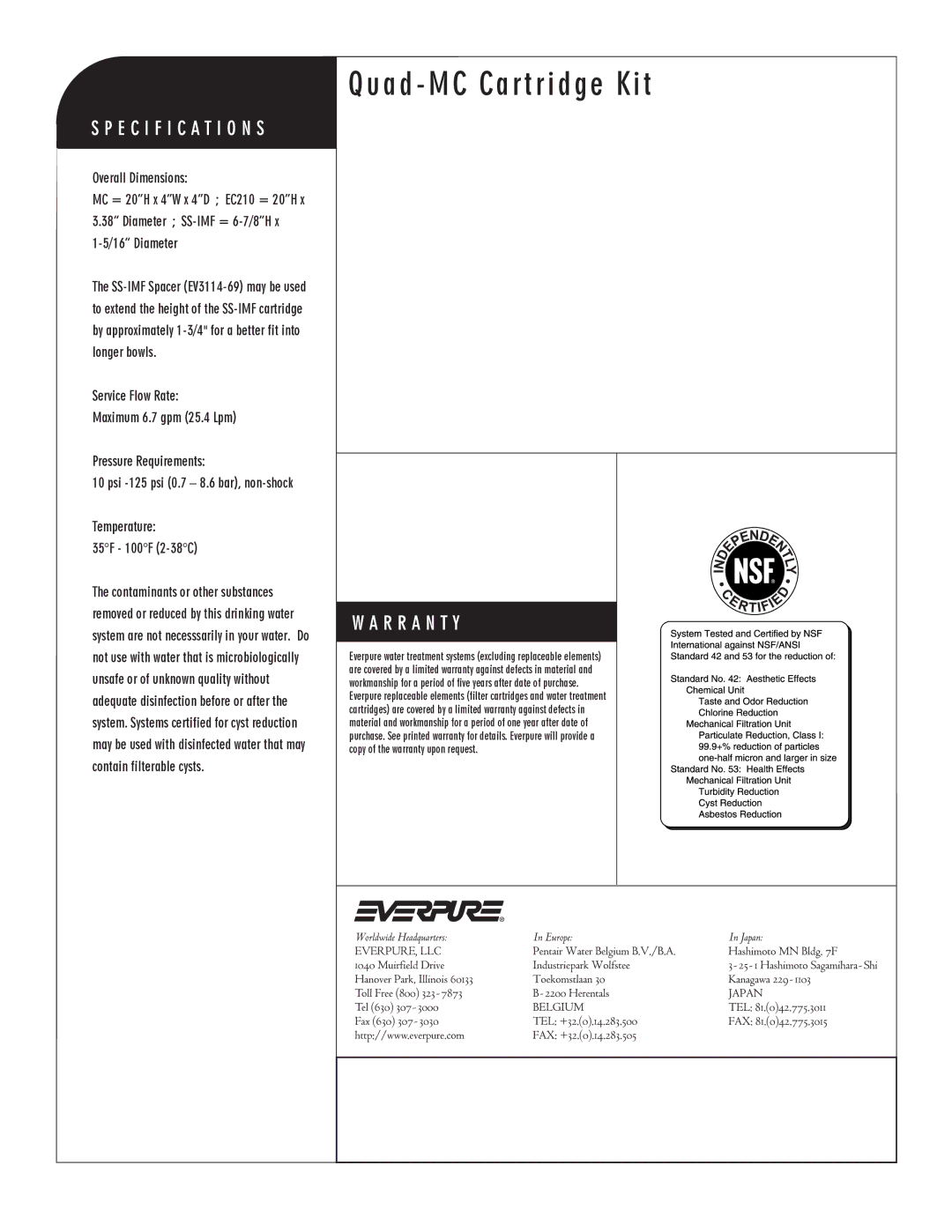 Everpure EV9628-08 manual Overall Dimensions, Diameter SS-IMF = 6-7/8H 16 Diameter, Temperature 35F 100F 2-38C 