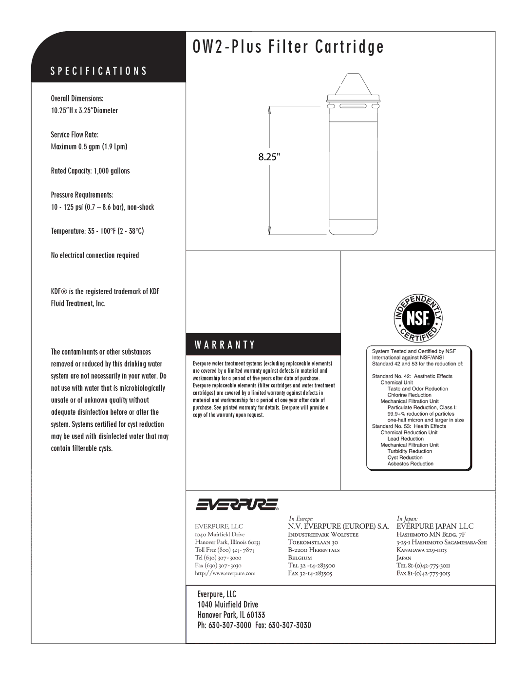 Everpure EV9634-01 manual OW2 Plus Filter Cartridge, Precoat Replacement Cartridge 