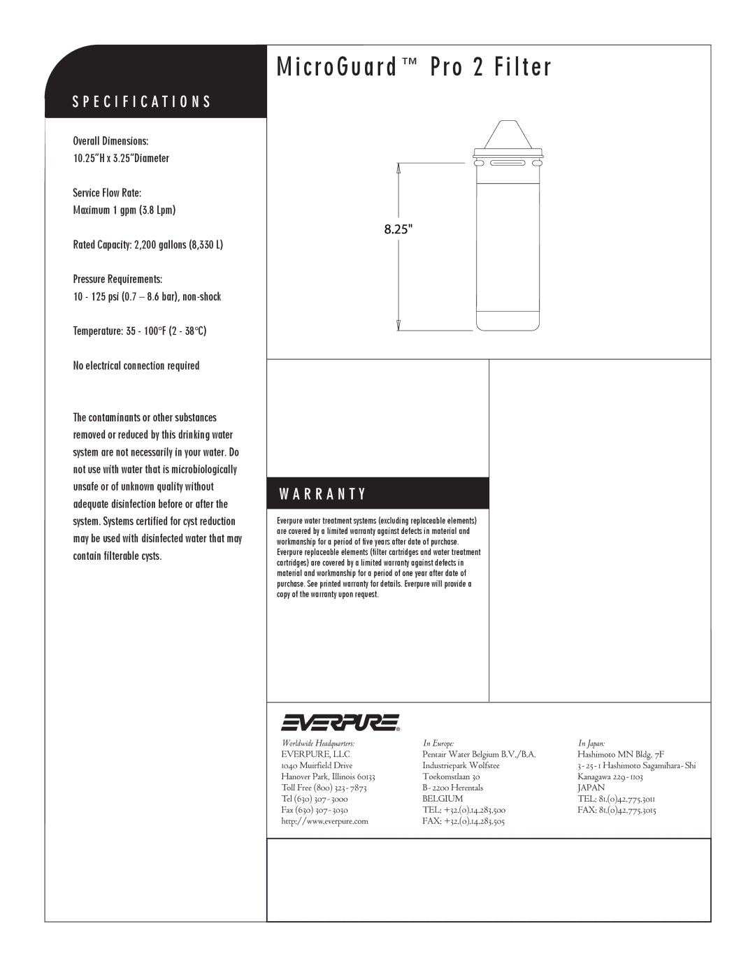 Everpure EV9637-01 manual MicroGuard Pro 2 Filter, Replacement Cartridge 