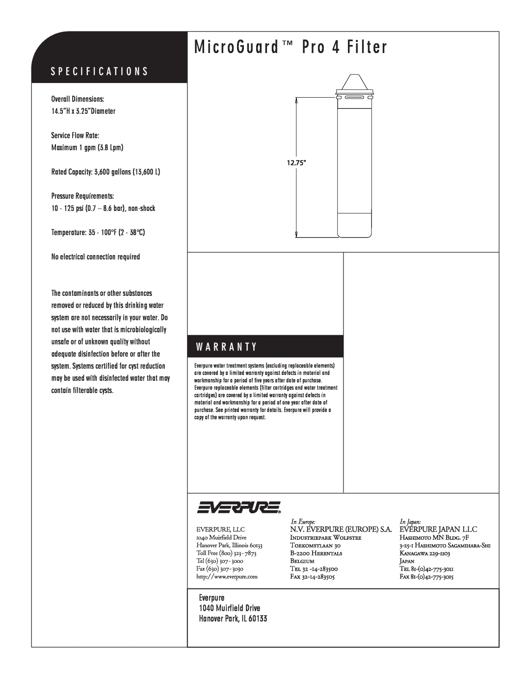 Everpure EV9637-02 manual MicroGuard Pro 4 Filter, Replacement Cartridge, Service Flow Rate Maximum 1 gpm 3.8 Lpm 