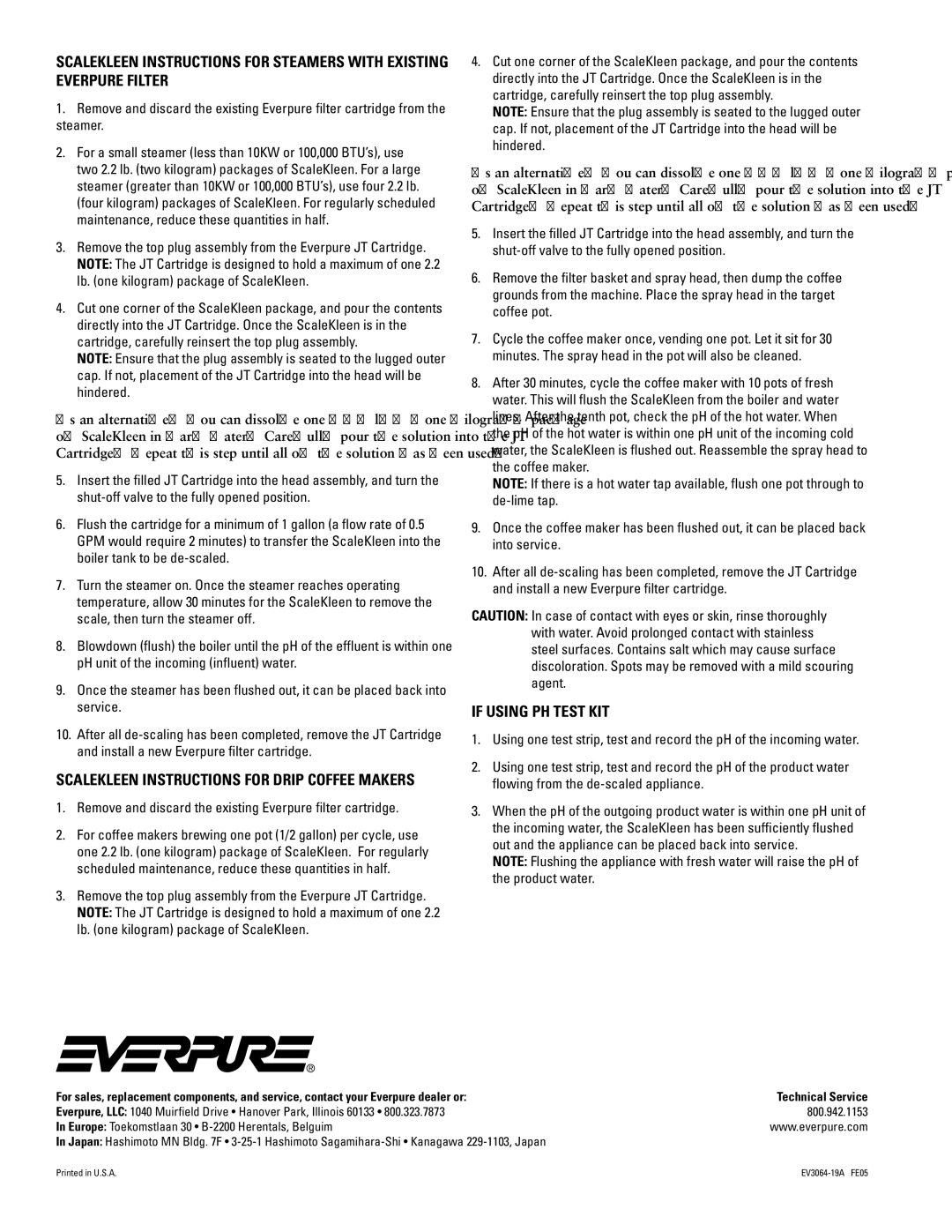 Everpure EV9655-00 installation and operation guide If Using PH Test KIT, Scalekleen Instructions for Drip Coffee Makers 