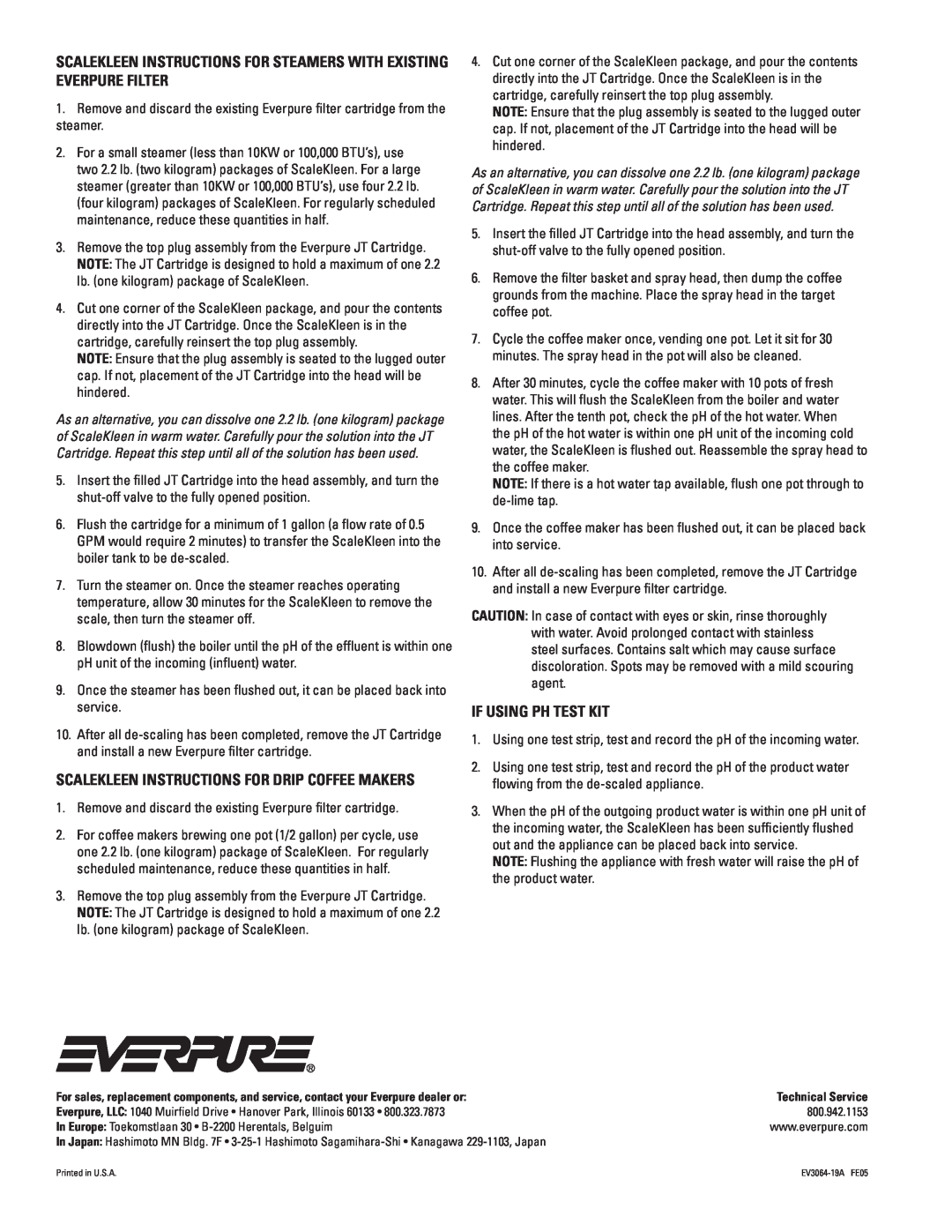 Everpure EV9655-00 Scalekleen Instructions For Steamers With Existing Everpure Filter, If Using Ph Test Kit 