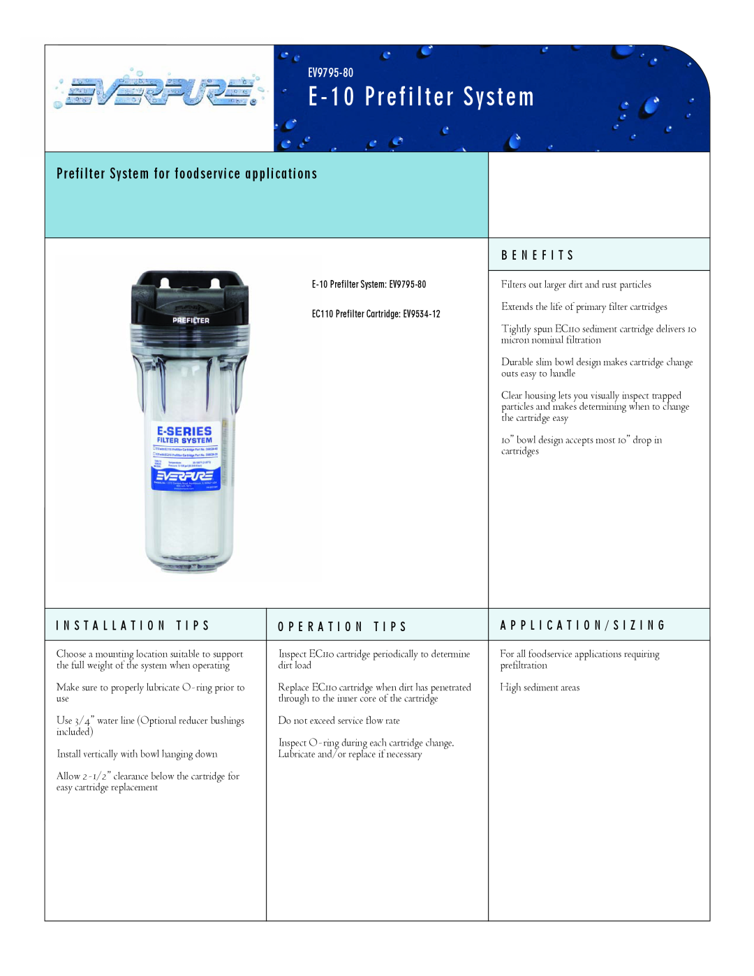 Everpure EV9795-80 manual E - 10 Prefilter System, Prefilter System for foodservice applications 