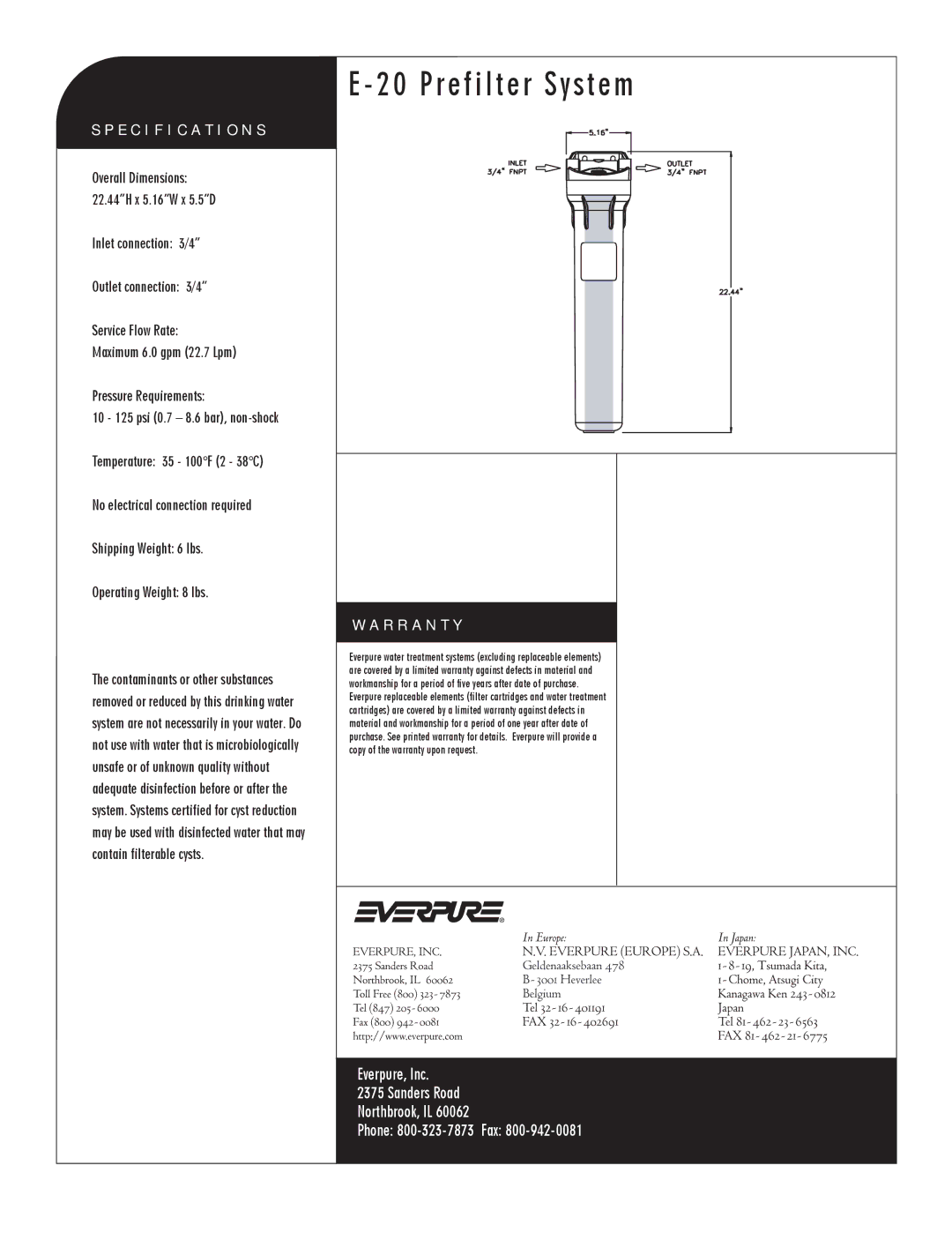 Everpure EV9795-90 manual Prefilter System, Specification S, R R a N T Y 