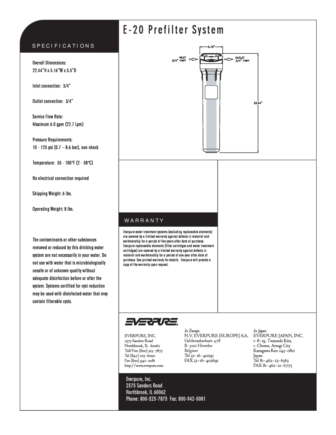 Everpure EV9795-90 manual Everpure, Inc 2375 Sanders Road Northbrook, IL Phone 800-323-7873 Fax, E - 20 Prefilter System 