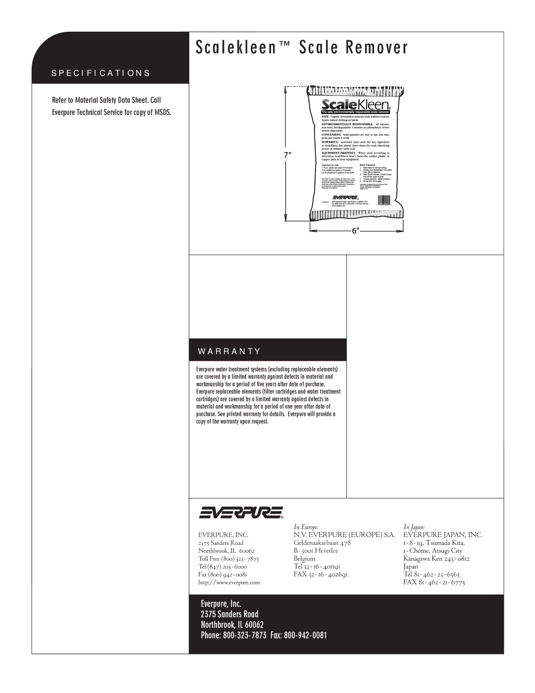 Everpure EV9796-20 manual Scalekleen Scale Remover, Oz g rams Individually Wrapped Packets, Specification S, R R a N T Y 