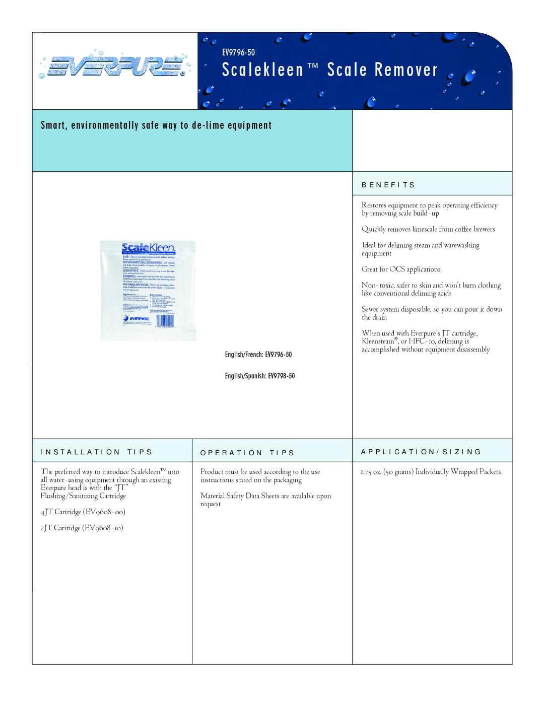 Everpure EV9796-50 manual Scalekleen Scale Remover, Smart, environmentally safe way to de-lime equipment, N E F I T S 