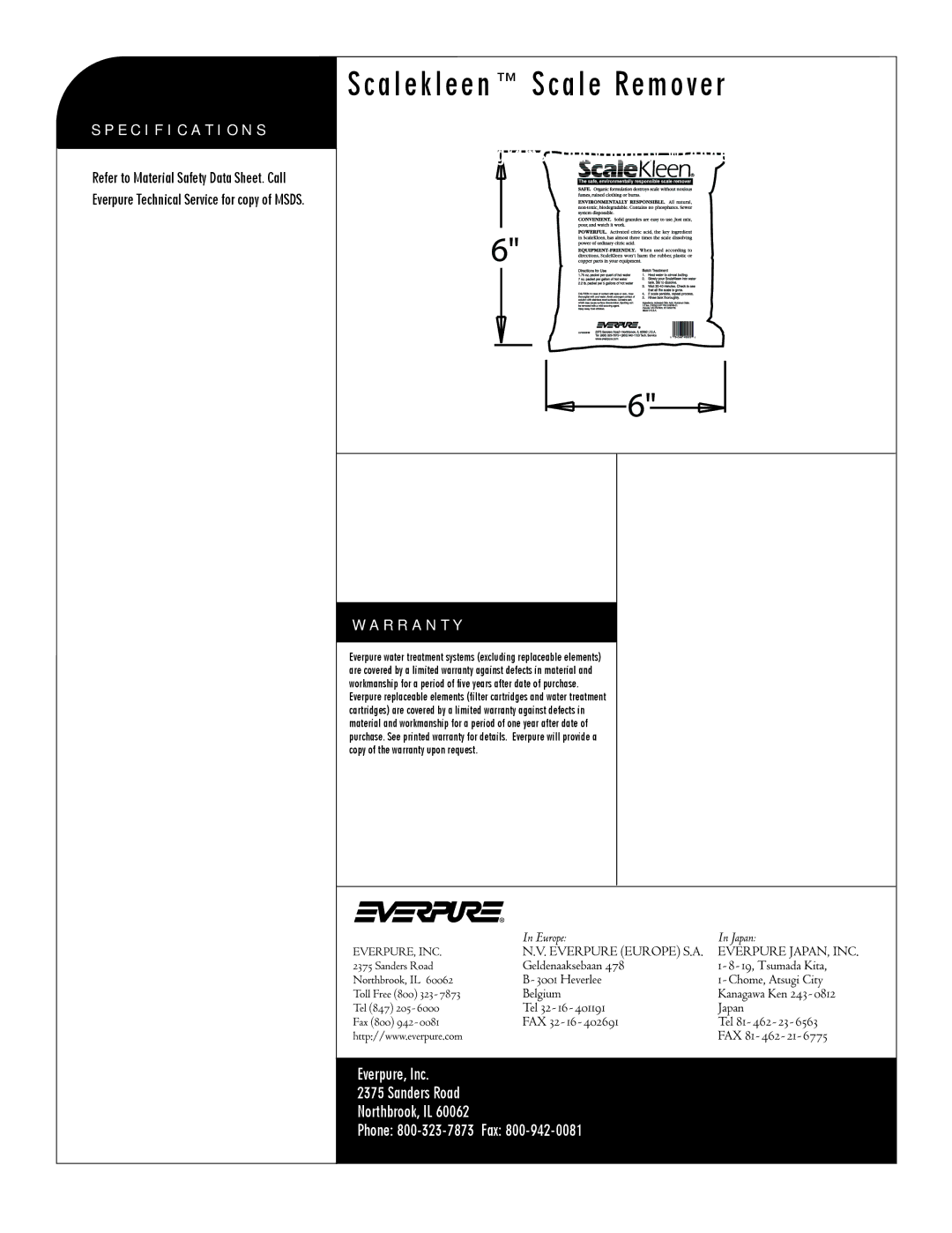 Everpure EV9796-50 manual Scalekleen Scale Remover, Oz grams Individually Wrapped Packets, Specification S, R R a N T Y 