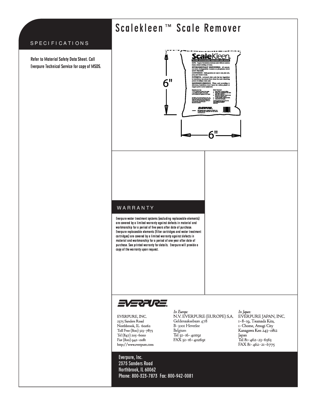 Everpure EV9796-50 manual Everpure, Inc 2375 Sanders Road Northbrook, IL Phone 800-323-7873 Fax, Scalekleen Scale Remover 