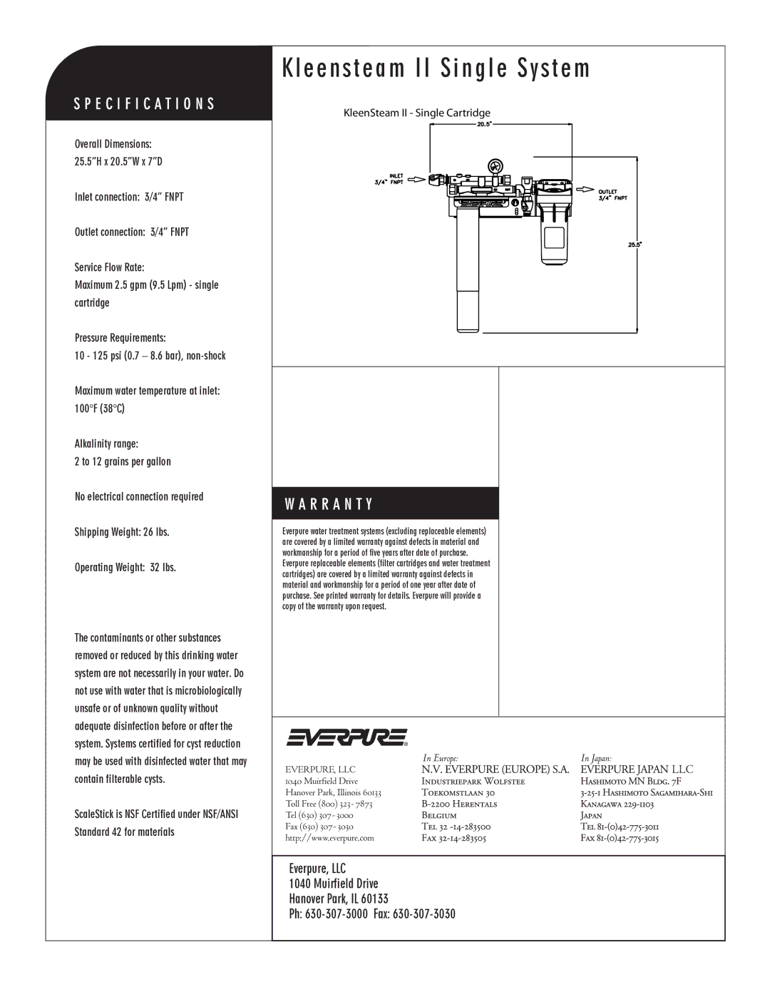 Everpure EV9797-21 manual Kleensteam II Single System, KleenSteam II Single Cartridge 