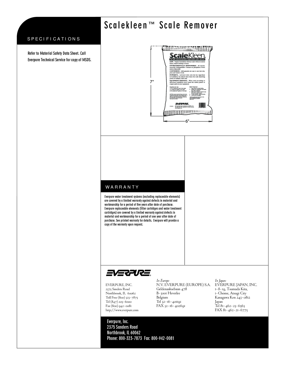 Everpure EV9798-20 manual Scalekleen Scale Remover, Oz grams Individually Wrapped Packets, Specification S, R R a N T Y 