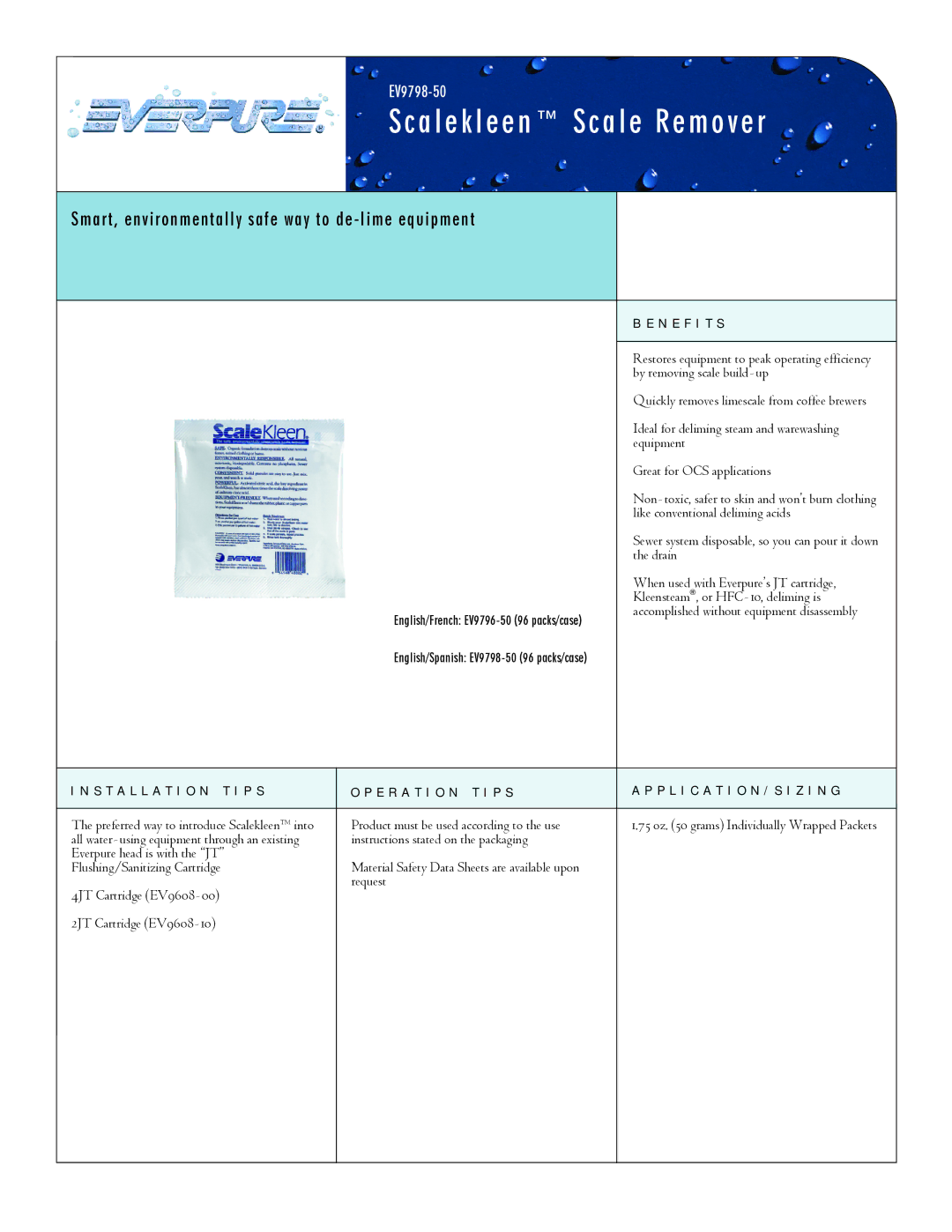 Everpure EV9798-50 manual Scalekleen Scale Remover, Smart, environmentally safe way to de-lime equipment, N E F I T S 