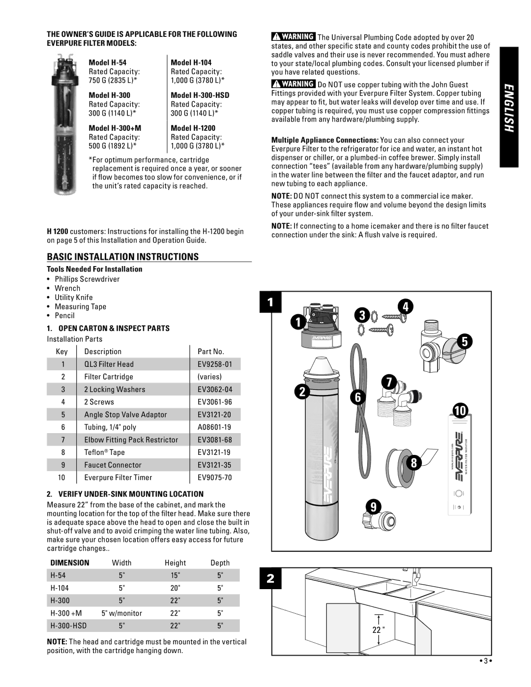 Everpure Model H-54, Model H-300+M, Model H-104, Model H-300-HSD, Model H-1200, Tools Needed For Installation 