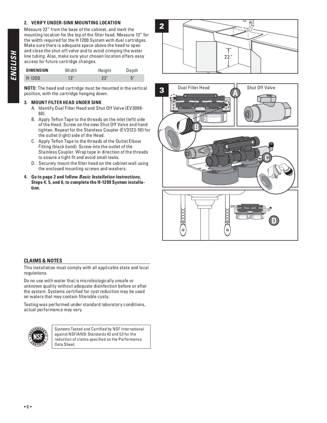 Everpure H-300-HSD, H-300+M, H-1200, H-104 specifications Claims & Notes, Verify Under-sink Mounting Location 