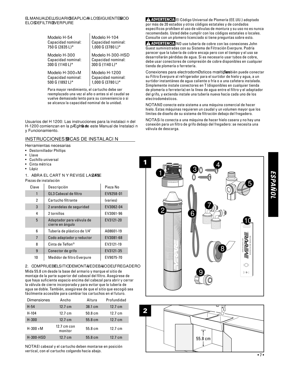 Everpure H-300+M, H-300-HSD, H-1200 specifications Instrucciones básicas de instalación, Modelo H-54, Modelo H-104 