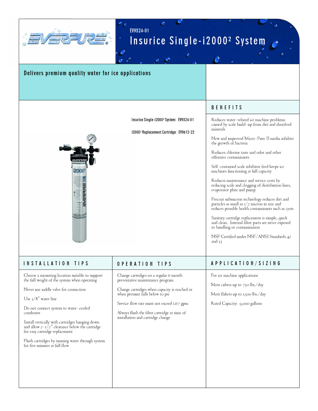 Everpure EV9324-01, EV9612-22 manual Insurice Single - i2000² System, Delivers premium quality water for ice applications 
