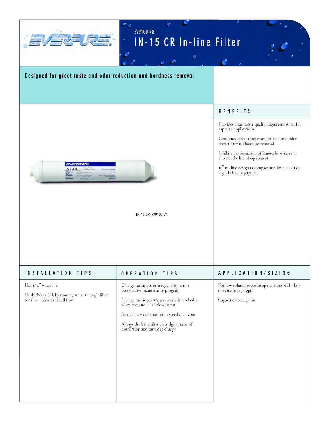 Everpure IN-15 CR manual CR In line Filter, N E F I T S, Installation T I P S E R a T I O N T I P S 