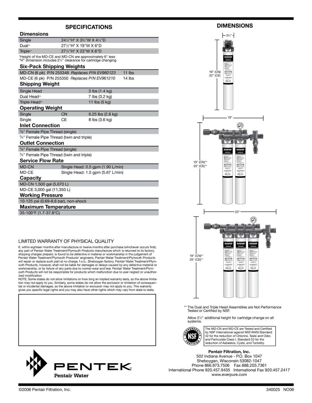 Everpure 255350, MD-CE, MD-CN, 255348 manual Specifications, Dimensions 