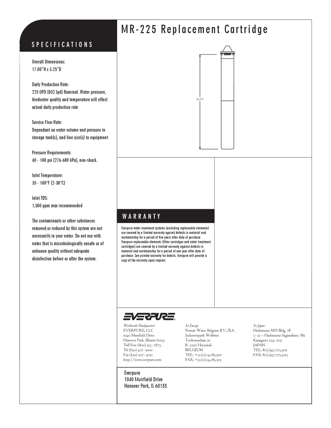 Everpure MR-225 manual Everpure Muirfield Drive Hanover Park, IL, Daily Production Rate, Service Flow Rate 