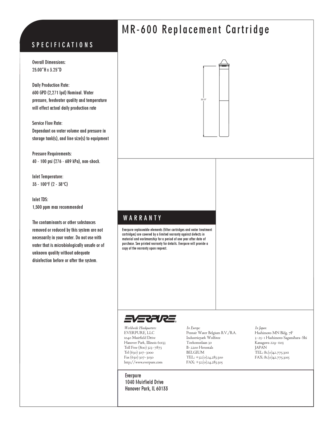 Everpure MR-600, EV9627-13 manual Everpure Muirfield Drive Hanover Park, IL, Daily Production Rate 