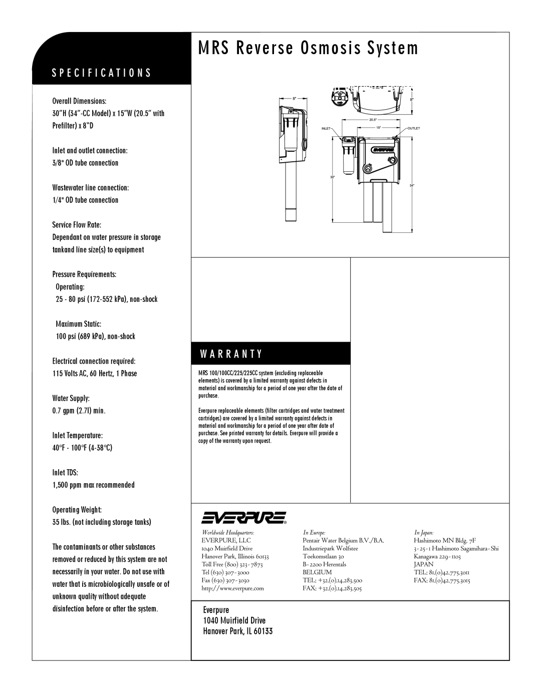 Everpure MRS-225CC, MRS-100CC manual Everpure Muirfield Drive Hanover Park, IL, Service Flow Rate 