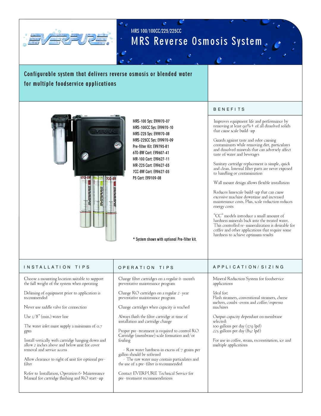 Everpure MRS-100CC, MRS-225CC manual MRS Reverse Osmosis System, MRS 100/100CC/225/225CC 