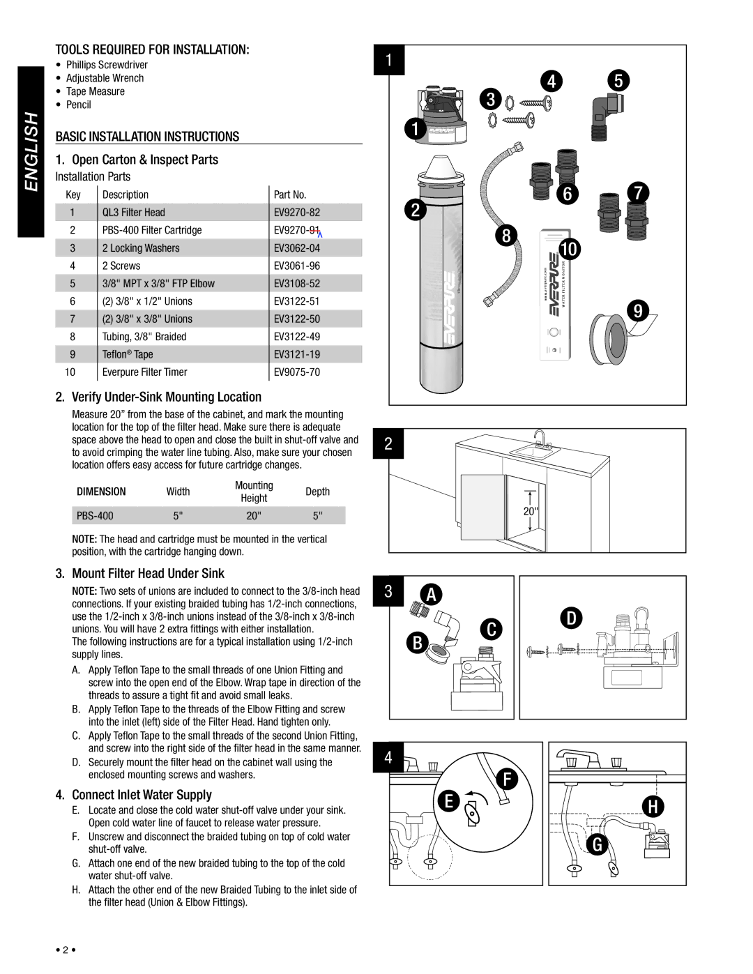 Everpure PBS400 installation instructions English, Tools Required for Installation 