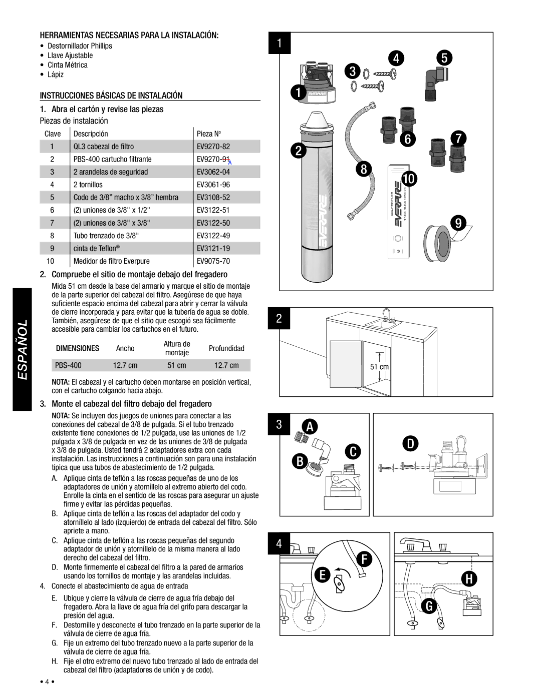 Everpure PBS400 installation instructions Español, Compruebe el sitio de montaje debajo del fregadero, Dimensiones 
