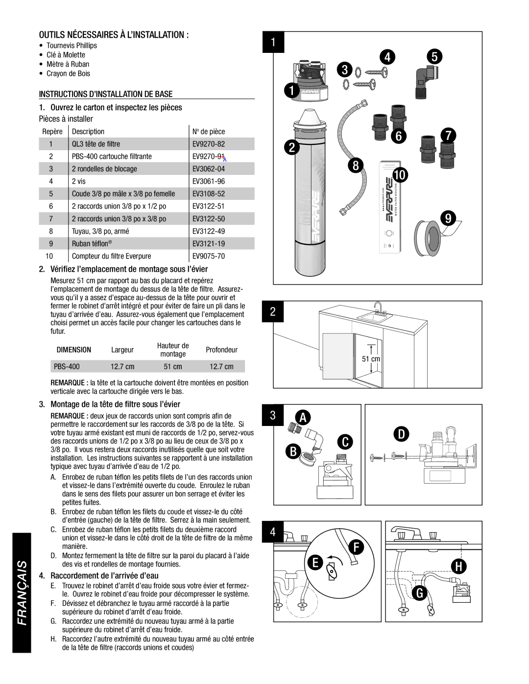 Everpure PBS400 Français, Outils Nécessaires À L’INSTALLATION, Vérifiez l’emplacement de montage sous l’évier 