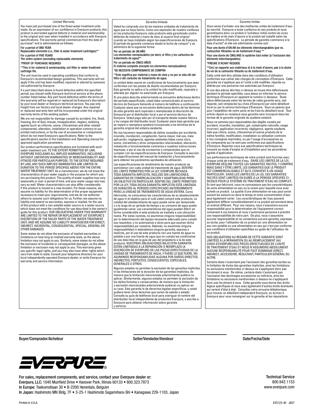 Everpure PBS400 installation instructions Buyer/Comprador/Acheteur, Limited Warranty 