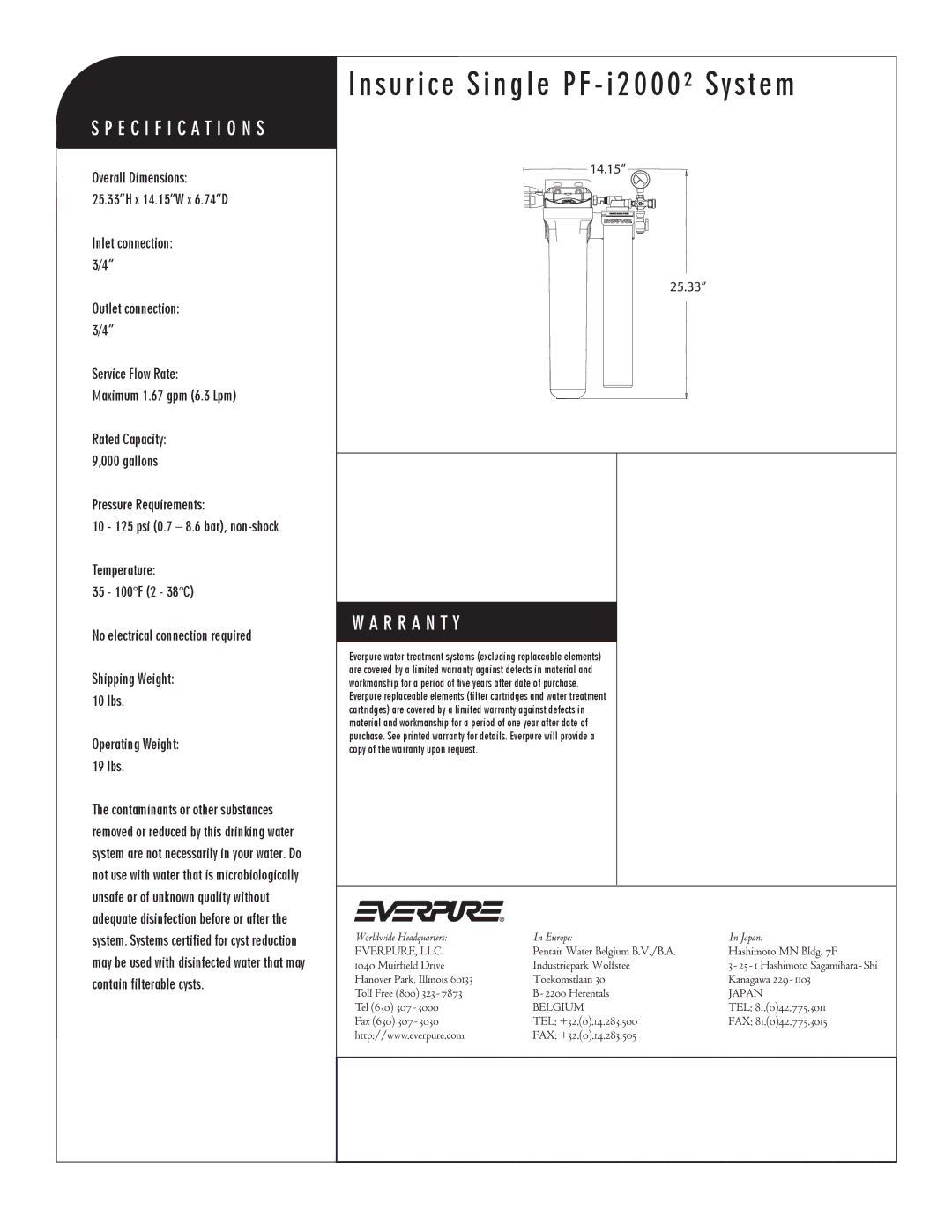 Everpure PF-i2000 manual Insurice Single PF i2000² System 