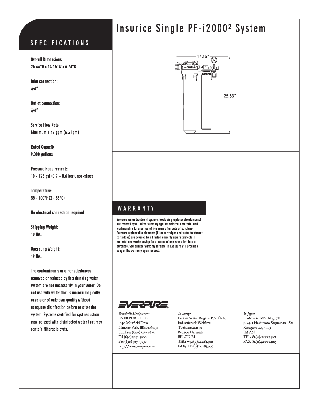 Everpure PF-i2000 manual Insurice Single PF - i2000² System, i2000² Precoat Replacement Cartridge, 14.15” 25.33” 