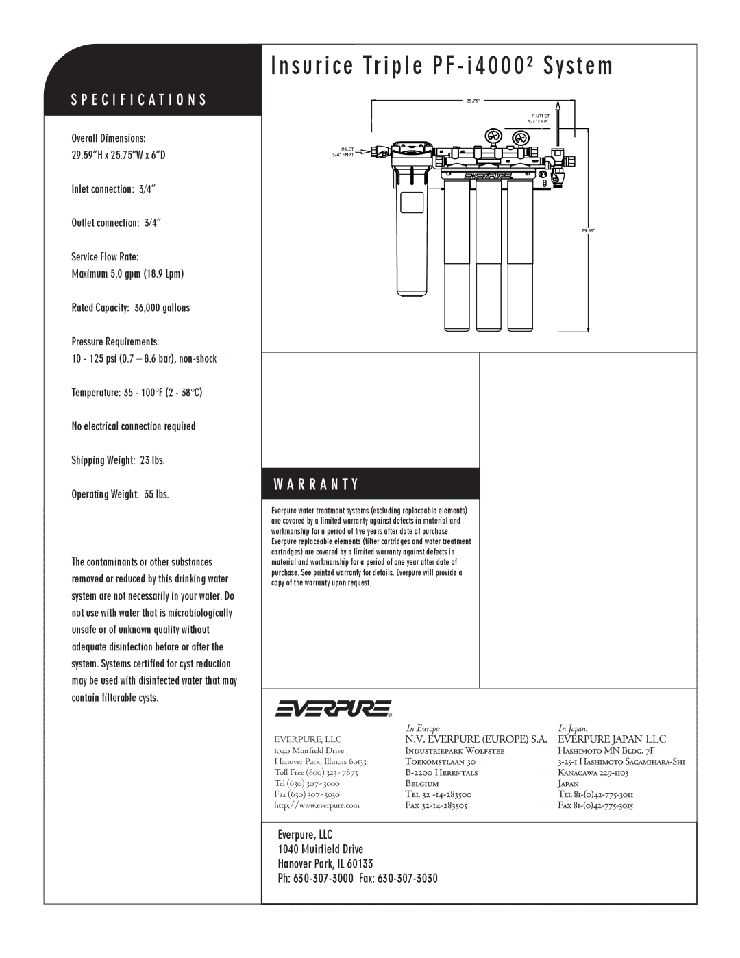 Everpure EV9612-32, PF-i4000, EV9325-23 manual Insurice Triple PF i4000² System 