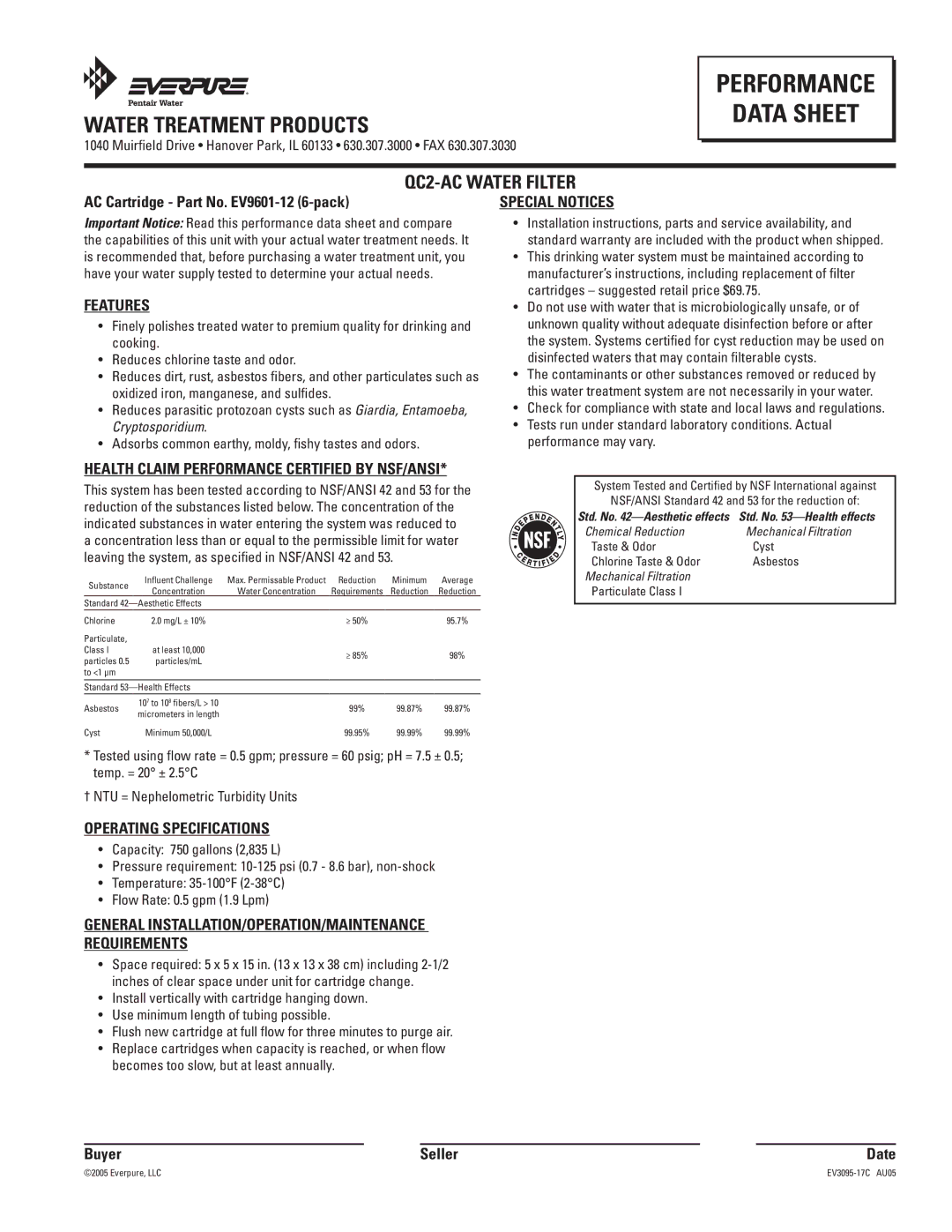 Everpure specifications Performance, Water Treatment Products Data Sheet, QC2-AC Water Filter 