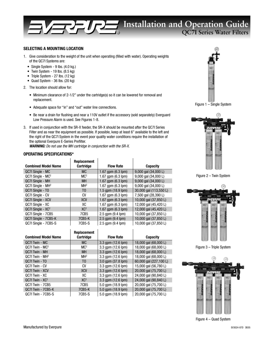 Everpure QC71 installation and operation guide Selecting a Mounting Location, Operating Specifications 