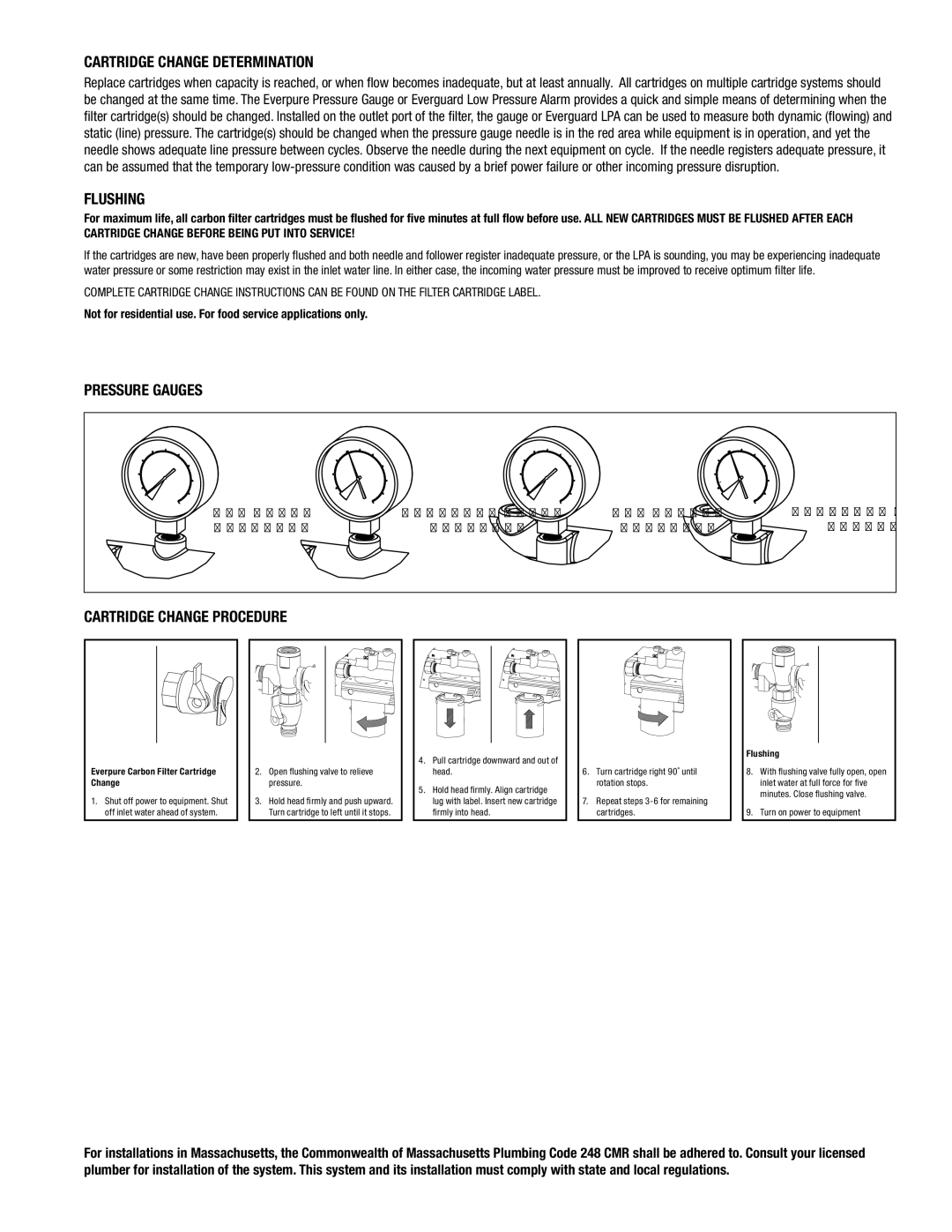 Everpure QC71 Cartridge Change Determination, Flushing, Pressure Gauges, Cartridge Change Procedure 