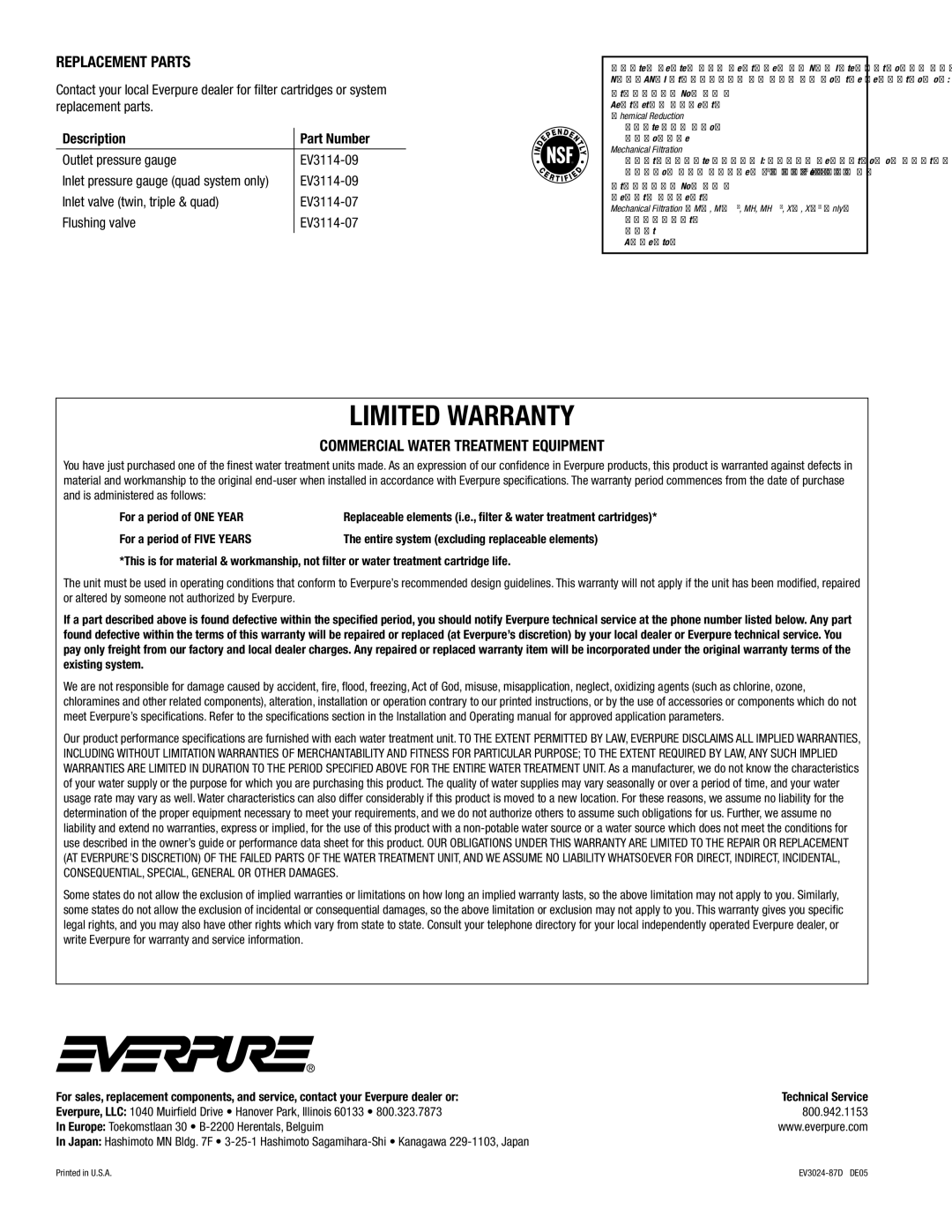 Everpure QC71 installation and operation guide Replacement Parts, Commercial Water Treatment Equipment 