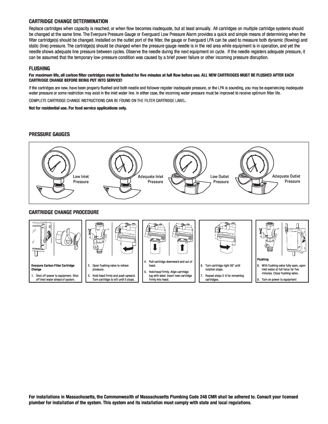 Everpure QC71 Cartridge Change Determination, Flushing, Pressure Gauges, Cartridge Change Procedure 