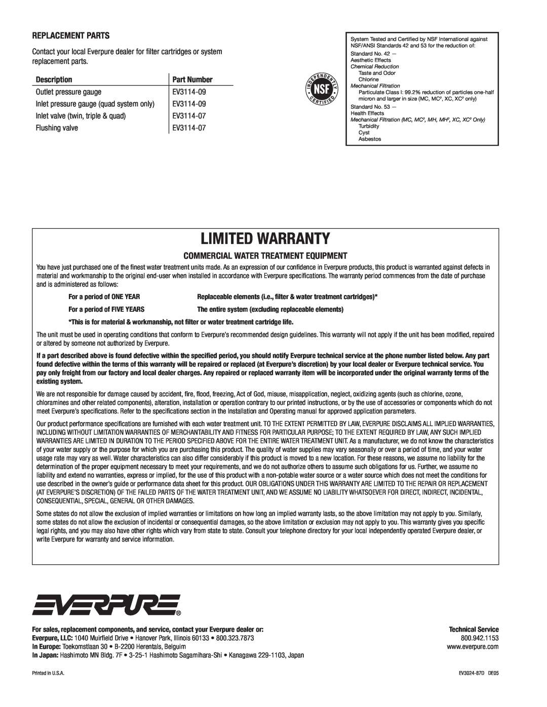 Everpure QC71 installation and operation guide Replacement Parts, Commercial Water Treatment Equipment, Limited Warranty 
