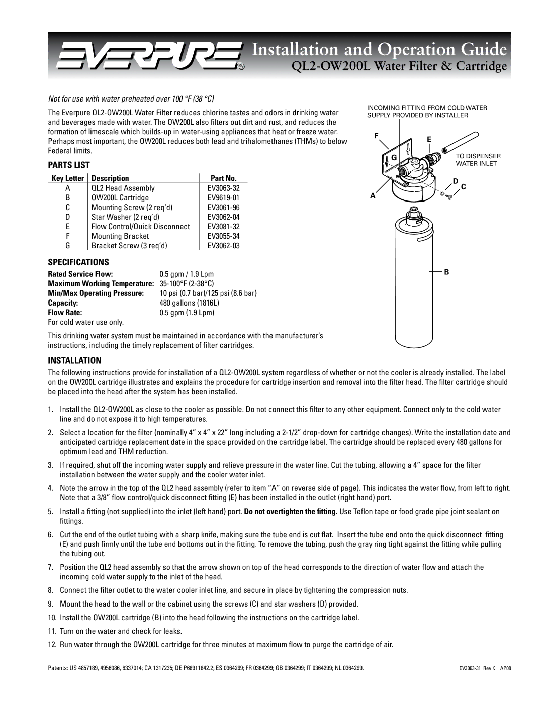 Everpure QL2-OW200L specifications Parts List, Specifications, Installation 