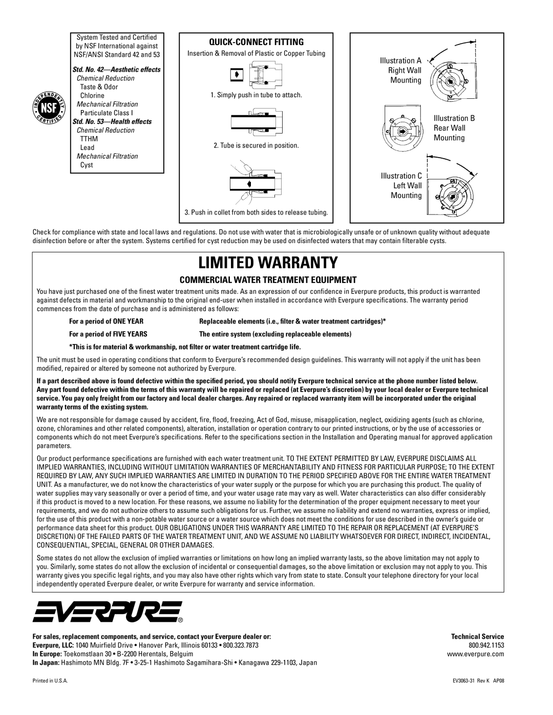 Everpure QL2-OW200L specifications Commercial Water Treatment Equipment, Std. No -Aesthetic effects 