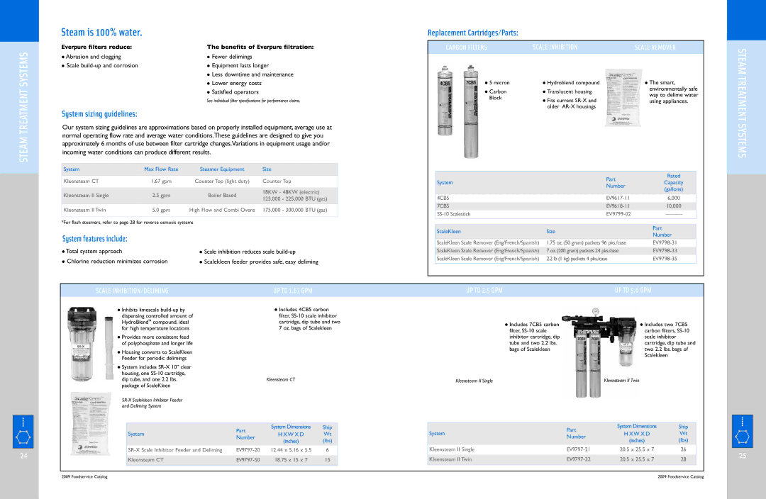 Everpure QC7I Single-MH2, QL3-BH2 manual Steam Treatment Systems, Steam is 100% water, Replacement Cartridges/Parts 