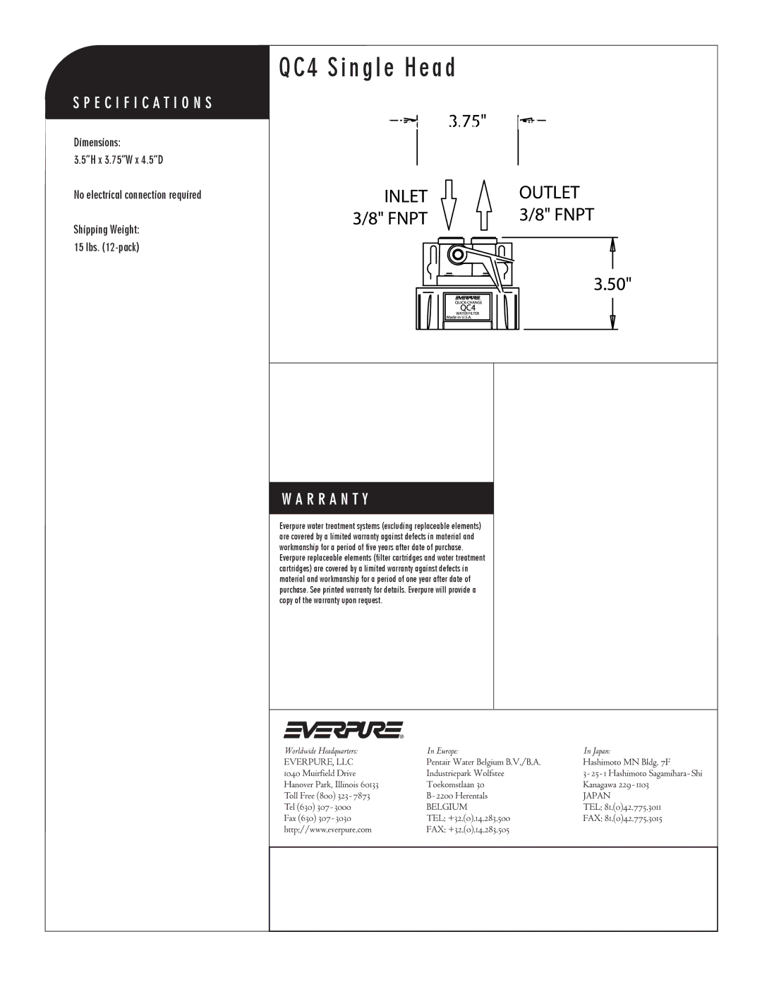 Everpure QL4, EV9266-12 manual QC4 Single Head, Water Filter Head with water shut off valve 