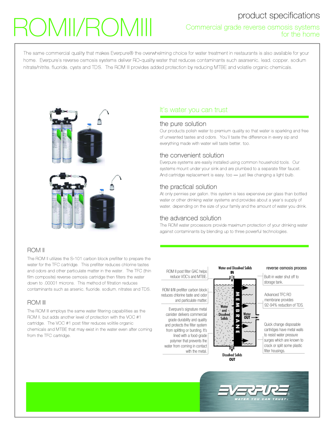 Everpure ROM III manual Romii/Romiii, for the home, Commercial grade reverse osmosis systems, It’s water you can trust 