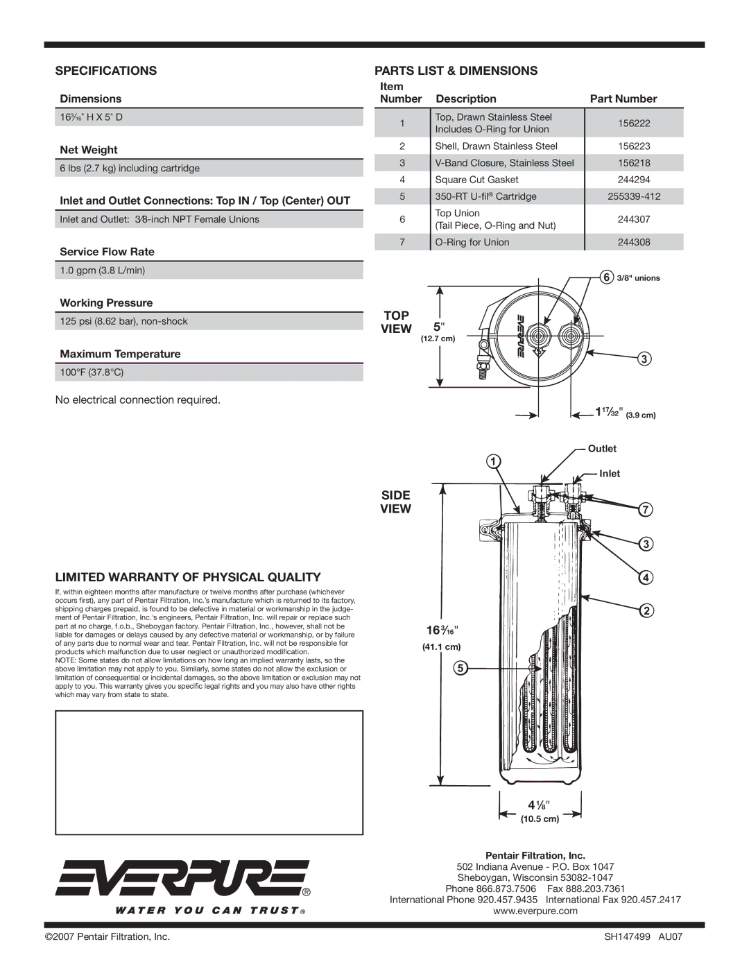 Everpure RT-3 manual Parts List & Dimensions, Limited Warranty of Physical Quality, TOP View, Side 