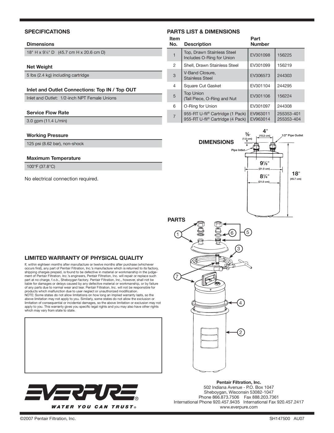 Everpure RT-9 manual Parts List & Dimensions, Limited Warranty of Physical Quality 