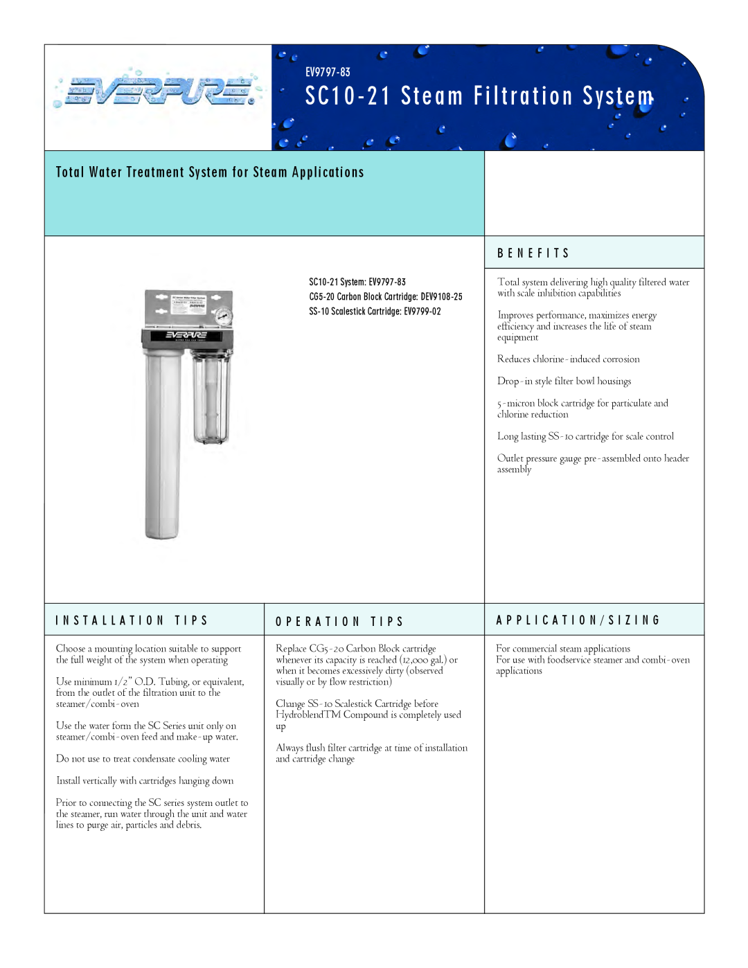 Everpure DEV9108-25, SC10-21 manual SC10 - 21 Steam Filtration System, Total Water Treatment System for Steam Applications 