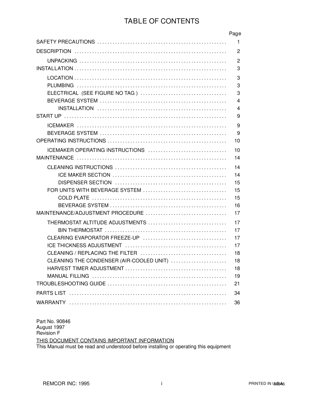 Everpure 80, SID650A manual Table of Contents 